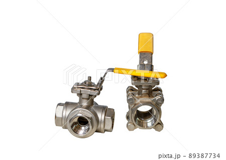 Ball valves made of stainless steel. Water valve isolated on white background. 89387734