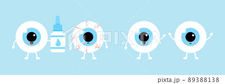 Cute eyeball gives eye drop liquid bottle to ill dry character isolated on background. Cute eyeball gives eye drop liquid bottle to ill dry character isolated on background. 89388138