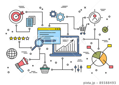 Seo Optimization Concept Contour Linear Style Include of Laptop Screen and Chart. Vector illustration of Lineart 89388493