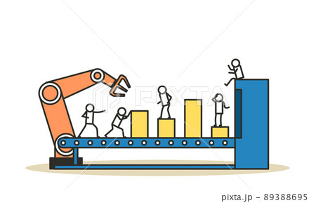 Vector business industry robot factory concept illustration future production process with infographic chart and people. Smart revolution technology machine conveyor line. Robotic system control goods Vector business industry robot factory concept illustration future production process with infographic chart and people. Smart revolution technology machine conveyor line. Robotic system control goods 89388695
