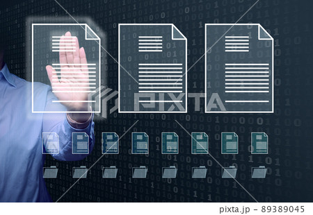 female hand checks documents on a holographic screen. The concept of compliance control female hand checks documents on a holographic screen. The concept of compliance control 89389045
