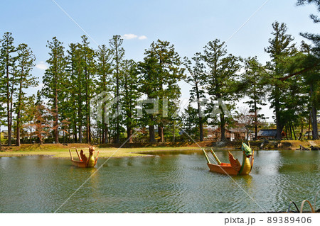 岩手県　平泉　世界遺産　毛越寺　浄土庭園　大泉が池、龍首鷁首の船 89389406