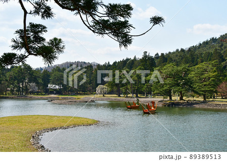 岩手県　平泉　世界遺産　毛越寺　浄土庭園　大泉が池、龍首鷁首の船 89389513