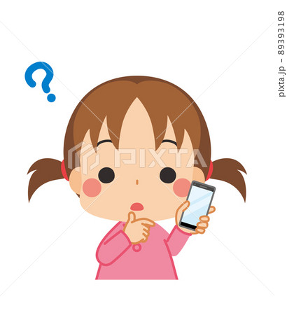 スマホを持って考えている可愛い女の子のイラスト 白背景 クリップアート 上半身 ベクターのイラスト素材