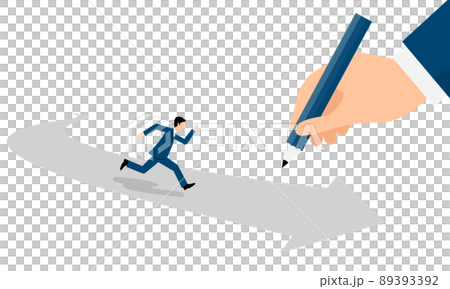 鉛筆で描かれた矢印とその上を走るビジネスマンのイラスト、ベクター 89393392