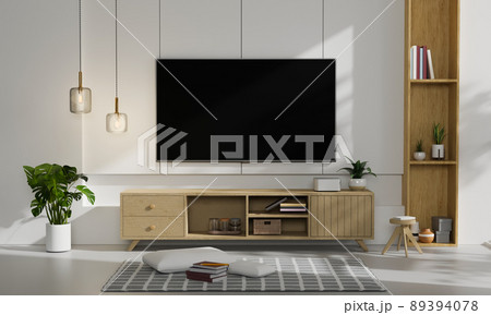 Modern contemporary living room interior design with large TV mockup on white wall Modern contemporary living room interior design with large TV mockup on white wall 89394078