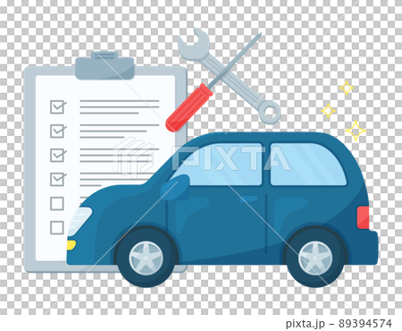 自動車の点検をするイラスト. 整備工場で修理やメンテナンスをする. 車と工具とチェックリスト. 89394574