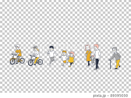 それぞれの目的で街を行く人々のセット　コミカルな手書きの人物　ベクター、線画にカラー 89395030