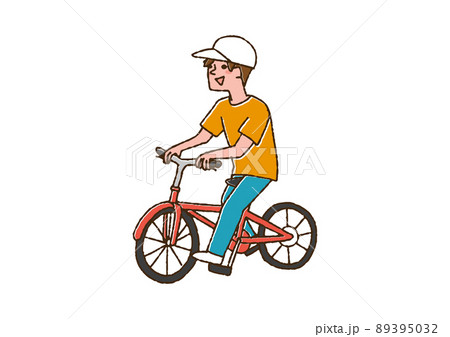 自転車で出かける男性 コミカルな手書きの人物 ベクター 線画にカラーのイラスト素材
