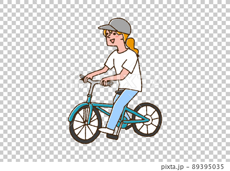 自転車で出かける女性 コミカルな手書きの人物 ベクター 線画にカラーのイラスト素材
