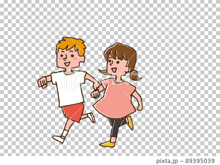 男孩和女孩一起出去玩，滑稽的手寫數字，矢量圖，線條畫和顏色 89395039