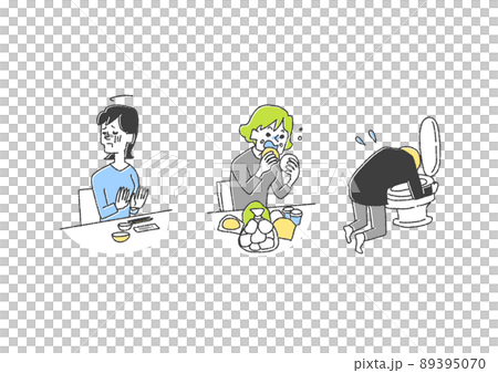 Illustration set on anorexia nervosa and overeating and vomiting Comical handwritten person vector, color on line drawing 89395070