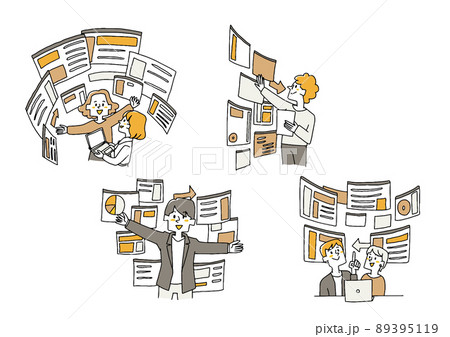 サイバー空間で仕事をする人々のセット　コミカルな手書きの人物　ベクター、線画にカラー 89395119