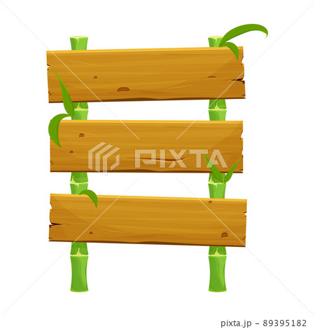 Wooden sign with green bamboo sticks with leaves, empty frame in cartoon style isolated on white background. Textured object, ui asset. 89395182