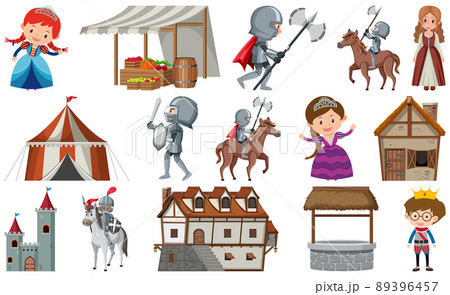 Medieval characters buildings set 89396457