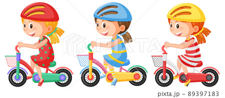 Set of girl riding bicycle wearing helmet 89397183