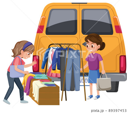 Two women buying clothes at market Two women buying clothes at market 89397453