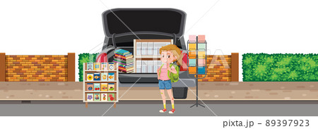 Girl standing by newspaper truck 89397923