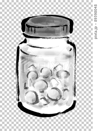 梅酒を瓶で漬けた手描き和風イラスト　漬け始め　青梅　モノクロ 89398048
