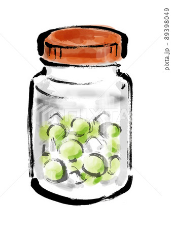 梅酒を瓶で漬けた手描き和風イラスト 漬け始め 青梅 梅酒を瓶で漬けた手描き和風イラスト 漬け始め 青梅 89398049