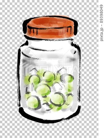 梅酒を瓶で漬けた手描き和風イラスト 漬け始め 青梅 梅酒を瓶で漬けた手描き和風イラスト 漬け始め 青梅 89398049
