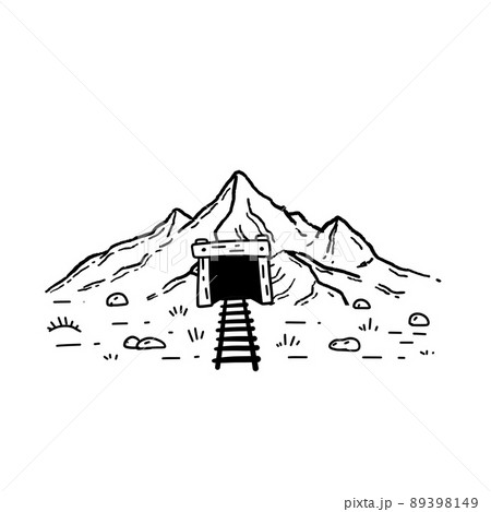 Mine in mountains. Entrance to old tunnel. Mining of gold and minerals. Outline cartoon illustration Mine in mountains. Entrance to old tunnel. Mining of gold and minerals. Outline cartoon illustration 89398149