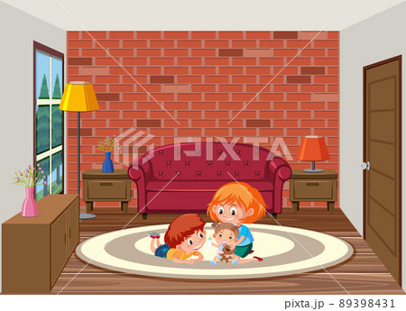 Living room scene with children cartoon character 89398431