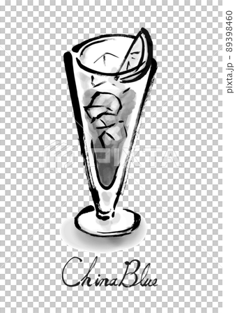 カクテルのチャイナブルーの手描きイラスト モノクロのイラスト素材