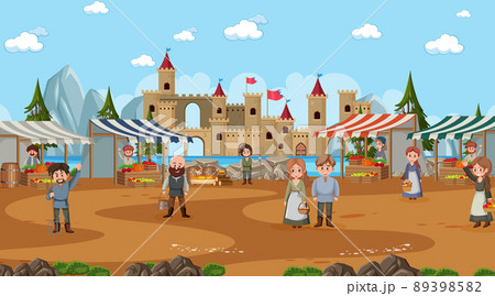 Medieval town scene in cartoon style 89398582