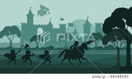Silhouette medieval background with medieval army 89398583