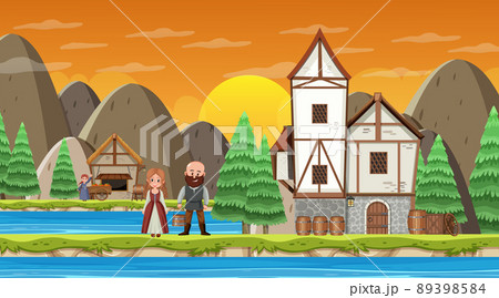 Medieval town cartoon scene with villagers 89398584