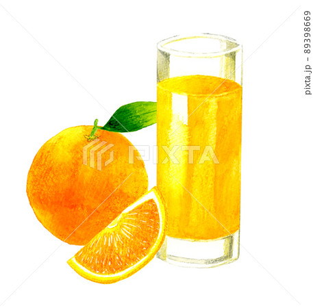 グラスに入ったオレンジジュースとオレンジの果実 飲み物の手描き水彩イラスト素材のイラスト素材