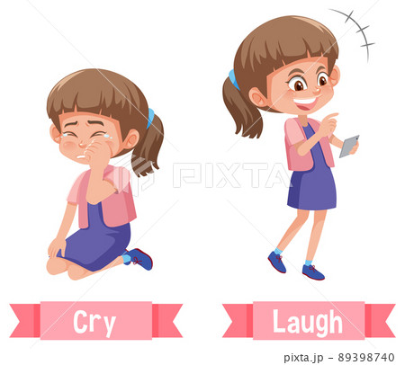 Opposite English Words cry and laugh illustration 89398740