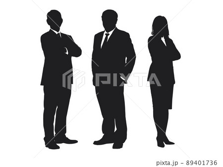 Business people group silhouettes pose on white background, flat line vector and illustration. 89401736