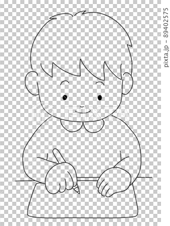 一個男孩以正確的姿勢走到辦公桌前，用鉛筆寫字（單色、黑白、線條圖） 89402575