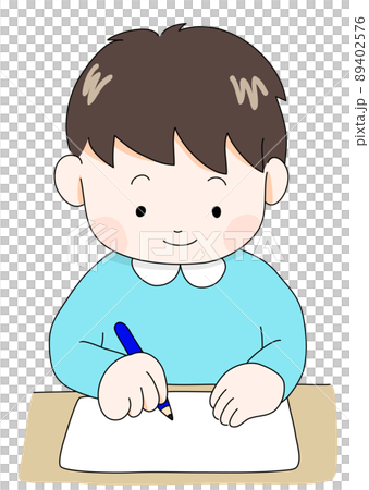 正しい姿勢で机に向かい鉛筆で字を書く男の子 カラー のイラスト素材