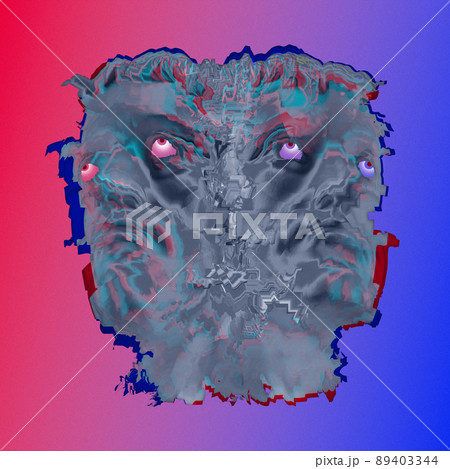 Collage with antique sculpture of human face in surreal style. Modern creative concept image with ancient statue head. Zine culture. Contemporary art poster. Funky punk minimalism. Unusual design. 89403344