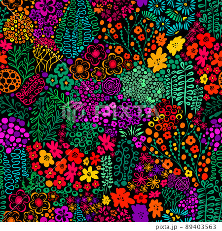 Seamless background from multicolored flowers and butterflies. Beautiful pattern of small beautiful flowers and twigs . Vector illustration Seamless background from multicolored flowers and butterflies. Beautiful pattern of small beautiful flowers and twigs . Vector illustration 89403563
