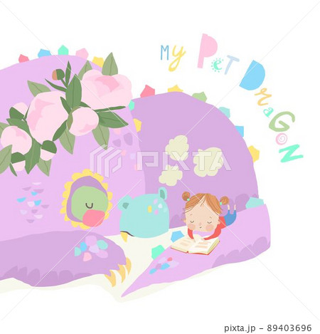 Cute Cartoon Girl reading Book with Her Pet Dragon 89403696