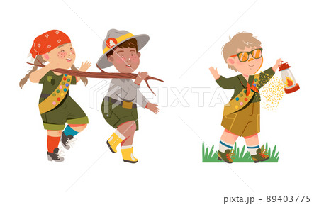 Scouting kids set. Boy and girl wearing uniform and neckerchiefs having summer outdoor adventures cartoon vector illustration Scouting kids set. Boy and girl wearing uniform and neckerchiefs having summer outdoor adventures cartoon vector illustration 89403775