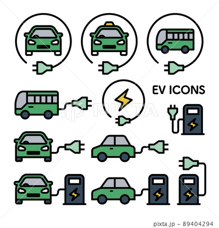 EV（電気自動車）、充電ステーションのアイコンセット 89404294