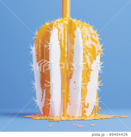 Pouring yellow color on the cactus minimal summer 3D render 89404426