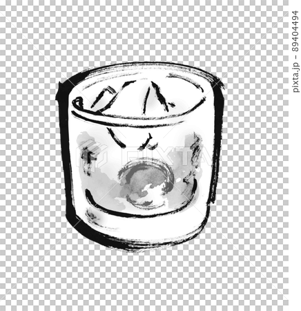 Hand-painted Japanese-style illustration of plum wine in a glass, monochrome Hand-painted Japanese-style illustration of plum wine in a glass, monochrome 89404494