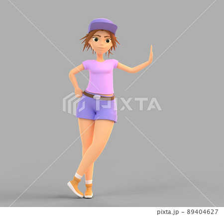3D Young woman stands leaning against invisible wall. Stylish girl with short hair, purple cap and shorts in funny pose. Cartoon illustration of female character isolated on grey background, 3D render 3D Young woman stands leaning against invisible wall. Stylish girl with short hair, purple cap and shorts in funny pose. Cartoon illustration of female character isolated on grey background, 3D render 89404627