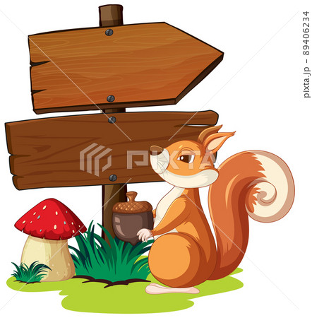 Squirrel standing by wooden signs Squirrel standing by wooden signs 89406234