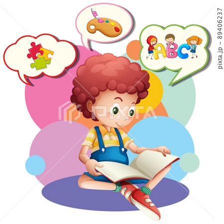 Boy and many thought bubbles 89406237
