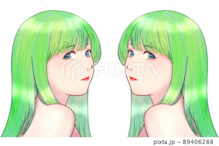 肩ごしに振り向いた艶のある髪の長い女性のカラーイラスト 緑の髪 青い瞳 左右対称のセットのイラスト素材 4062