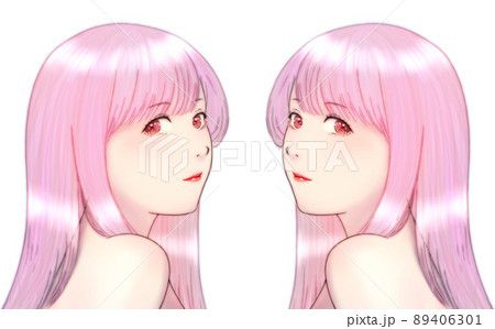 肩ごしに振り向いた艶のある髪の長い女性のカラーイラスト　ピンクの髪　ピンクの瞳　左右対称のセット 89406301