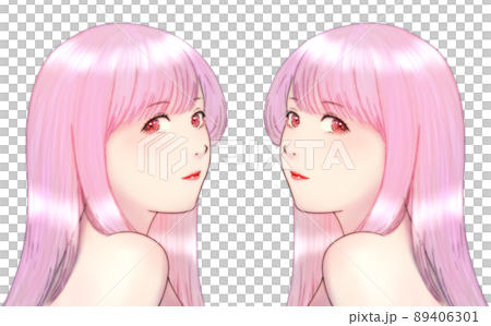 肩ごしに振り向いた艶のある髪の長い女性のカラーイラスト　ピンクの髪　ピンクの瞳　左右対称のセット 89406301