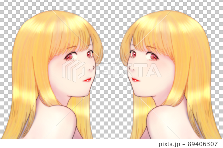 Color illustration of a woman with long glossy hair turning over her shoulder, blonde, pink eyes, symmetrical set Color illustration of a woman with long glossy hair turning over her shoulder, blonde, pink eyes, symmetrical set 89406307